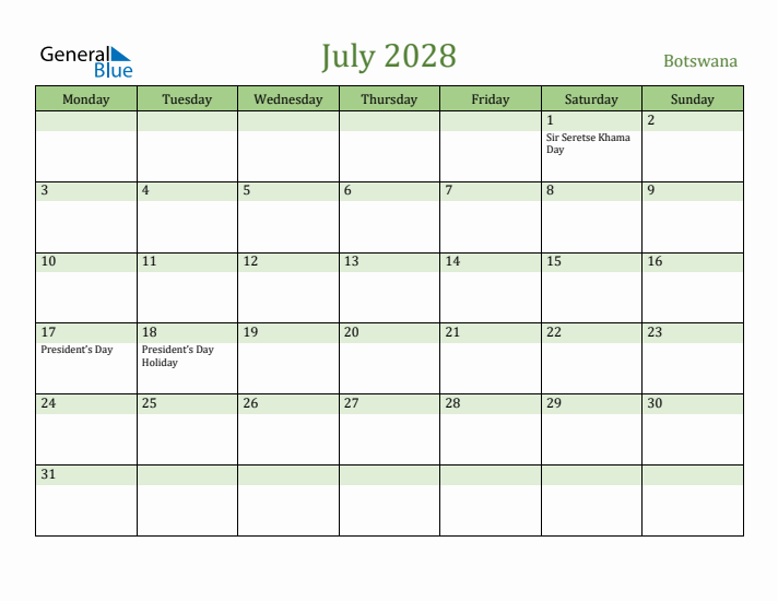 July 2028 Calendar with Botswana Holidays