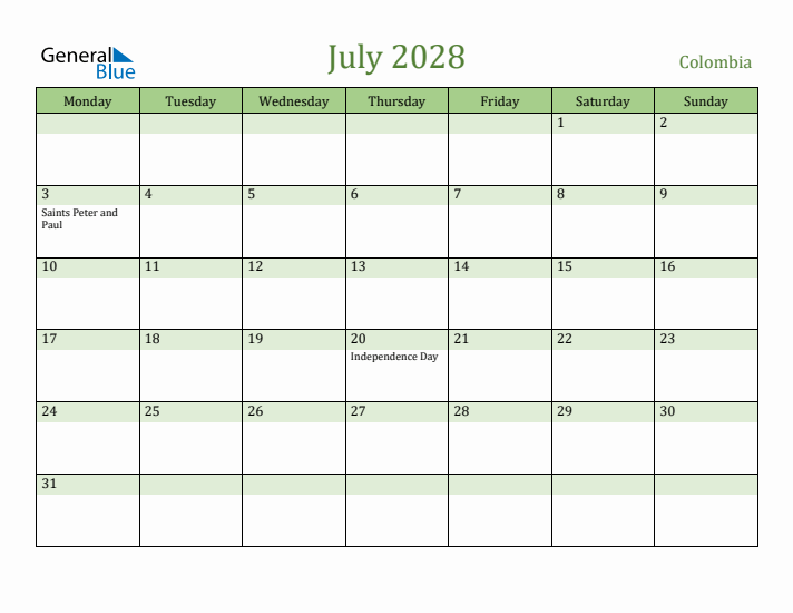 July 2028 Calendar with Colombia Holidays