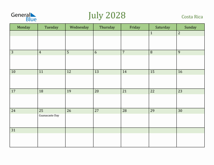 July 2028 Calendar with Costa Rica Holidays