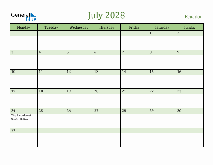 July 2028 Calendar with Ecuador Holidays