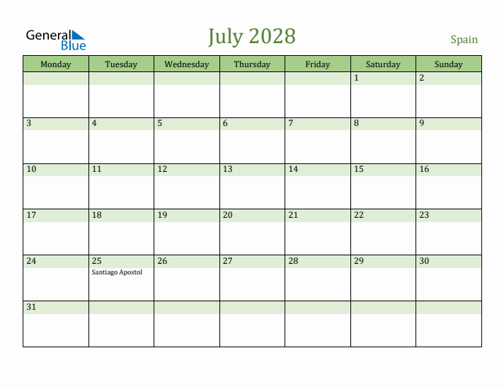 July 2028 Calendar with Spain Holidays