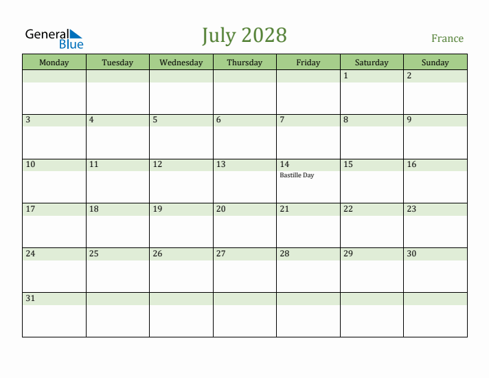 July 2028 Calendar with France Holidays