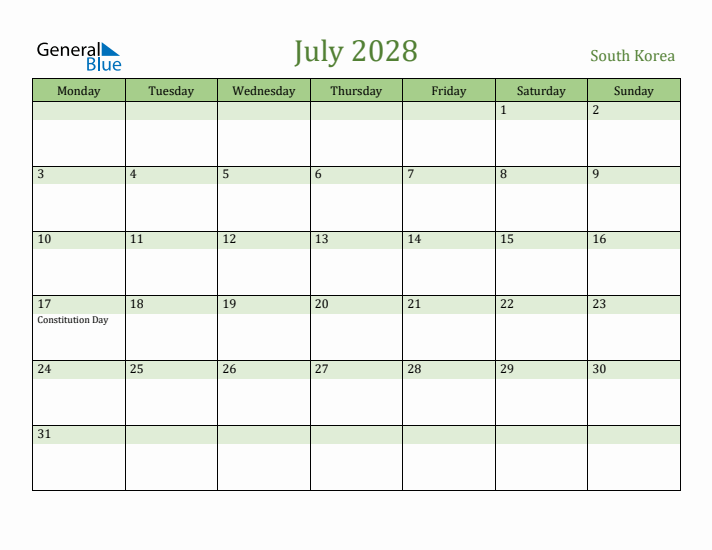 July 2028 Calendar with South Korea Holidays