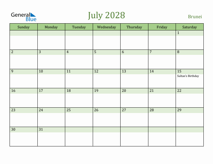 July 2028 Calendar with Brunei Holidays