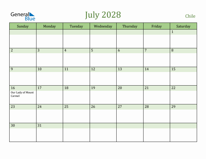 July 2028 Calendar with Chile Holidays