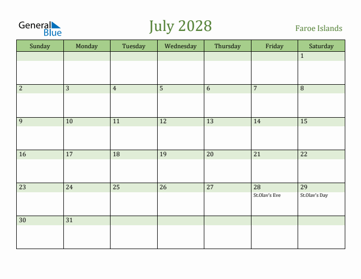 July 2028 Calendar with Faroe Islands Holidays