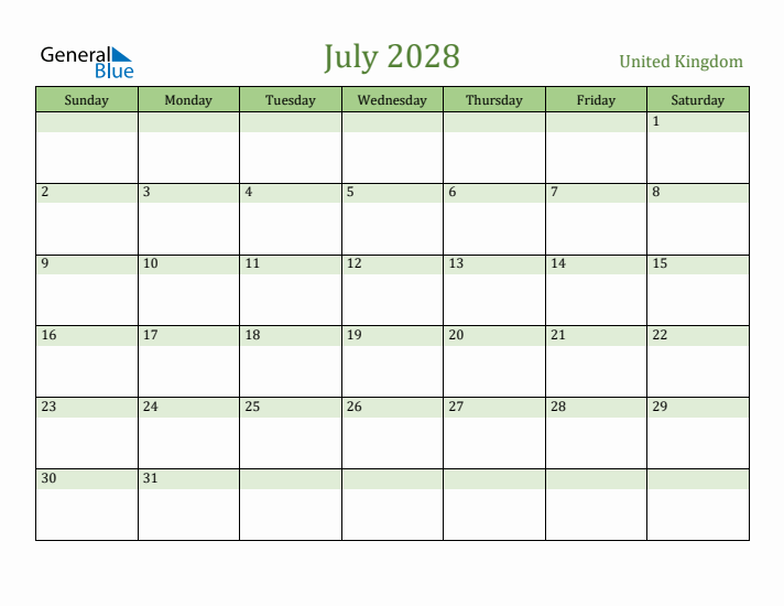 July 2028 Calendar with United Kingdom Holidays