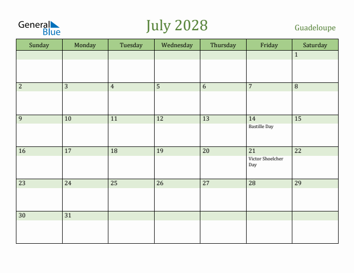 July 2028 Calendar with Guadeloupe Holidays