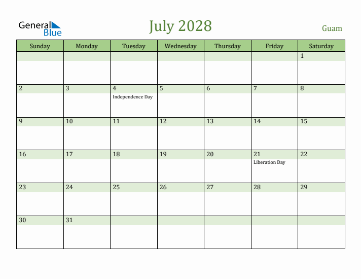 July 2028 Calendar with Guam Holidays