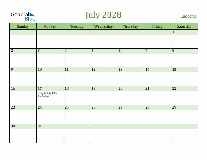 July 2028 Calendar with Lesotho Holidays