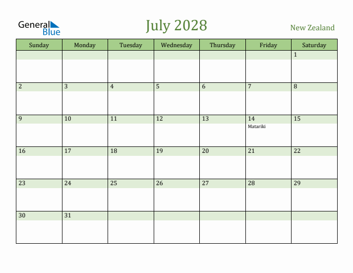 July 2028 Calendar with New Zealand Holidays