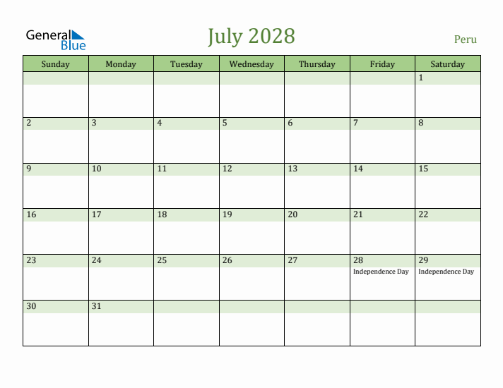 July 2028 Calendar with Peru Holidays