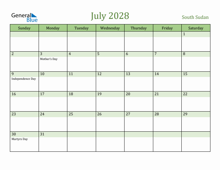 July 2028 Calendar with South Sudan Holidays