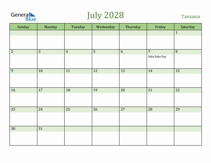 July 2028 Calendar with Tanzania Holidays