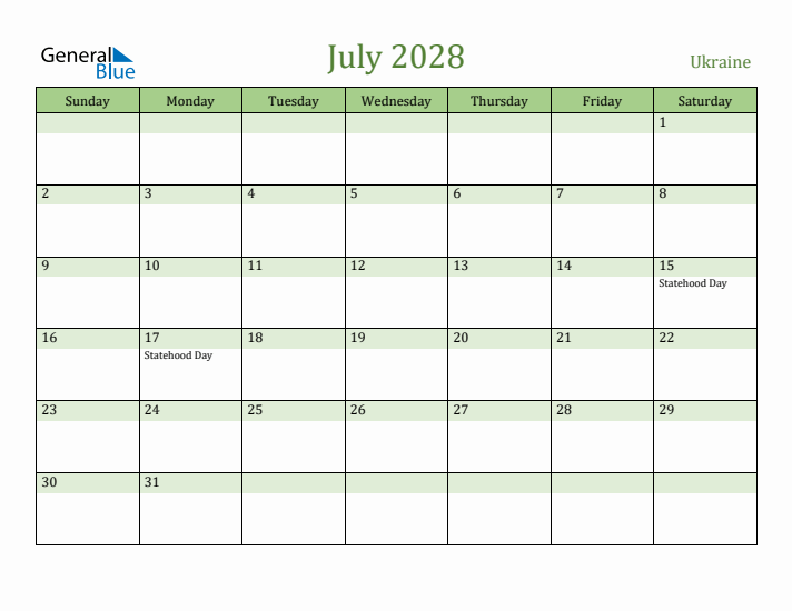 July 2028 Calendar with Ukraine Holidays