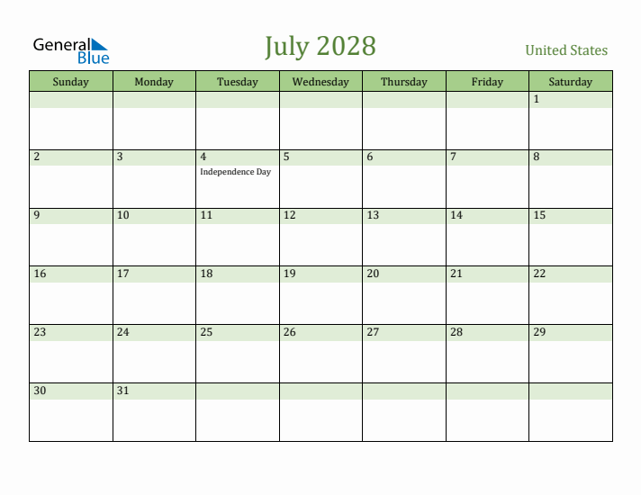 July 2028 Calendar with United States Holidays