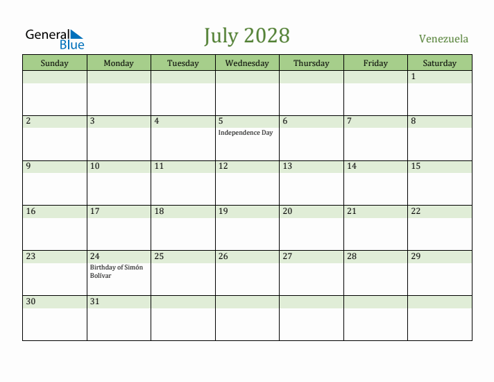 July 2028 Calendar with Venezuela Holidays