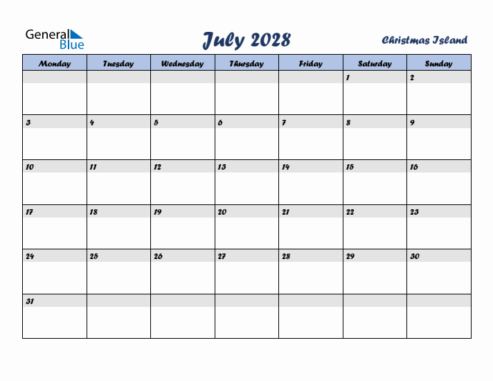 July 2028 Calendar with Holidays in Christmas Island