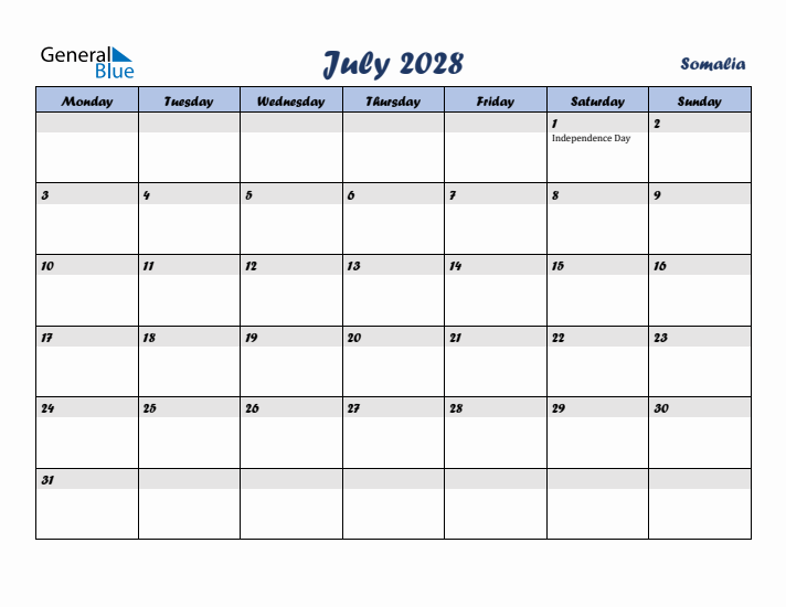 July 2028 Calendar with Holidays in Somalia