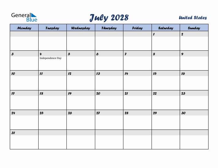 July 2028 Calendar with Holidays in United States