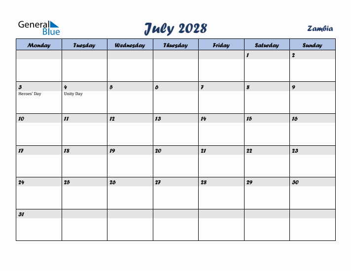 July 2028 Calendar with Holidays in Zambia