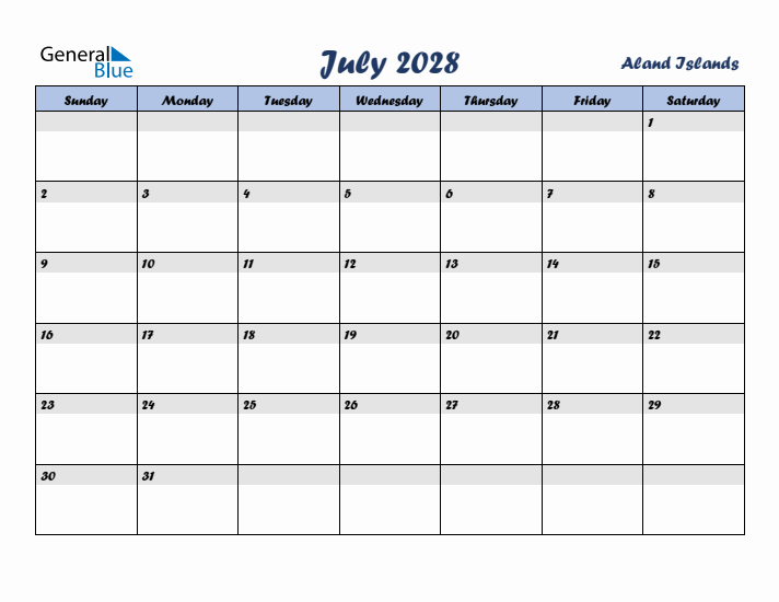 July 2028 Calendar with Holidays in Aland Islands