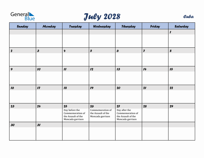 July 2028 Calendar with Holidays in Cuba