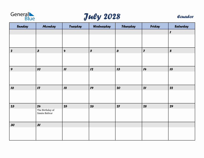 July 2028 Calendar with Holidays in Ecuador