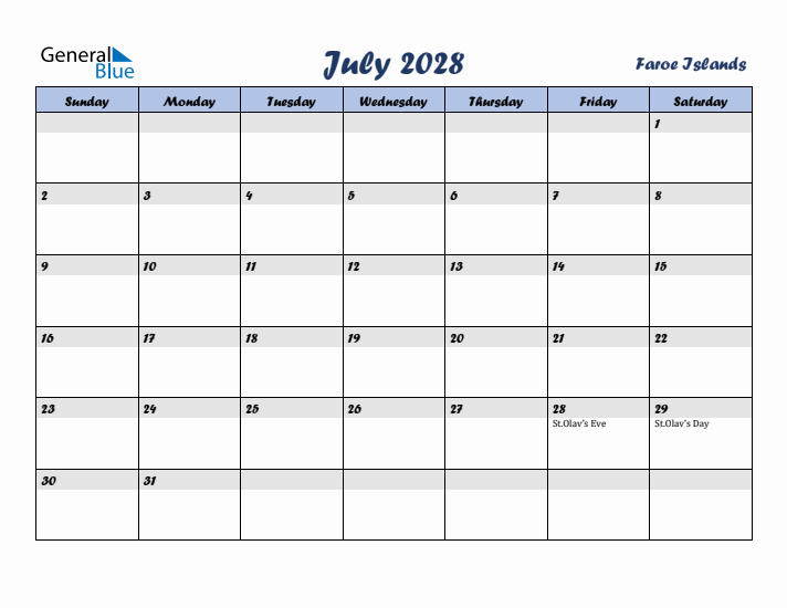 July 2028 Calendar with Holidays in Faroe Islands