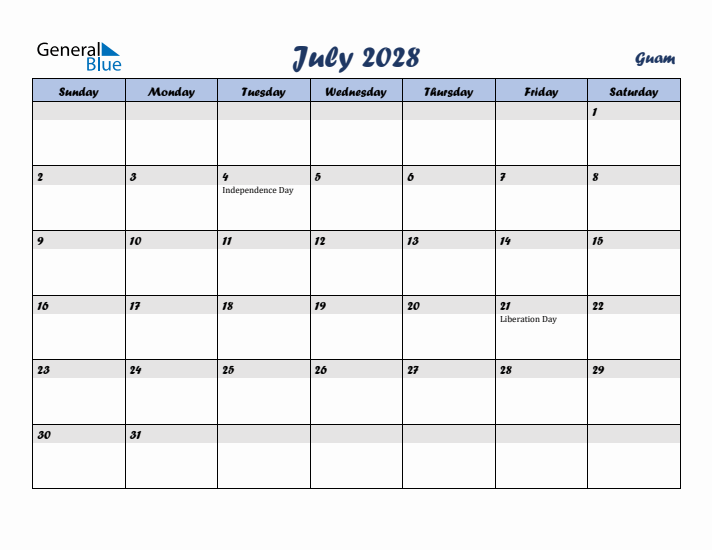 July 2028 Calendar with Holidays in Guam