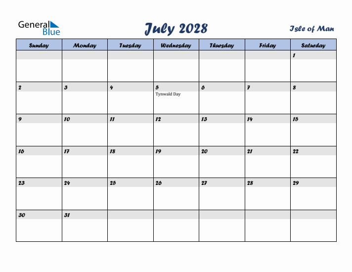 July 2028 Calendar with Holidays in Isle of Man