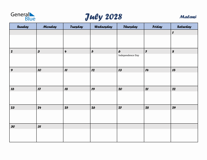 July 2028 Calendar with Holidays in Malawi