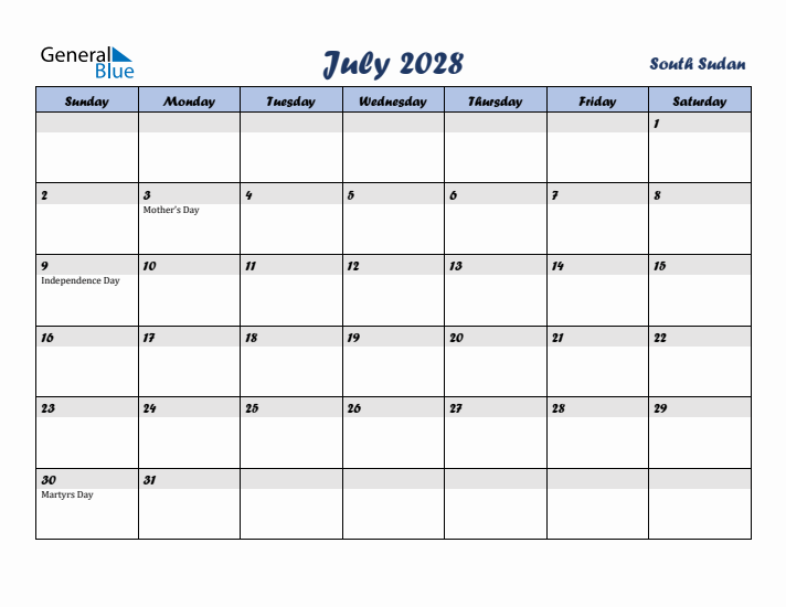 July 2028 Calendar with Holidays in South Sudan