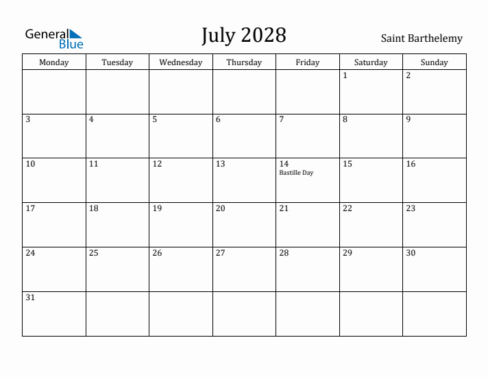 July 2028 Calendar Saint Barthelemy