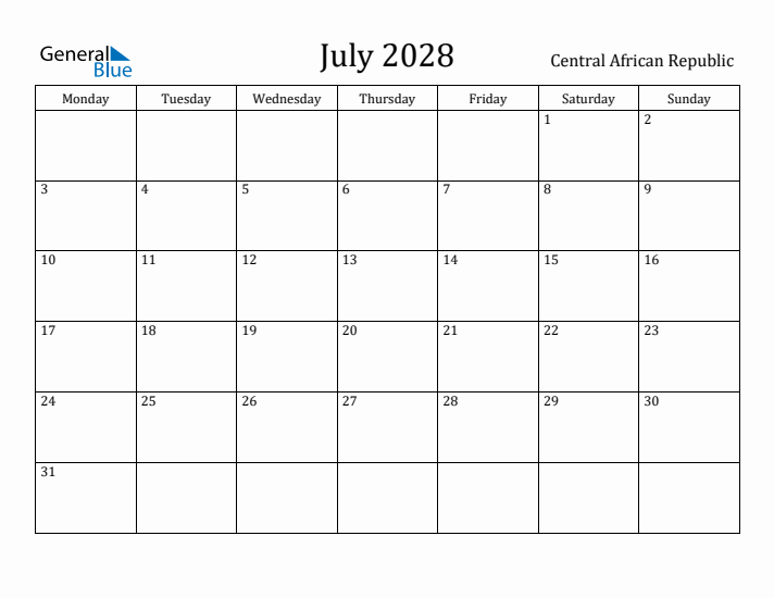 July 2028 Calendar Central African Republic