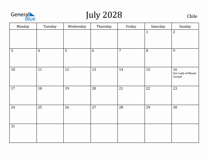 July 2028 Calendar Chile