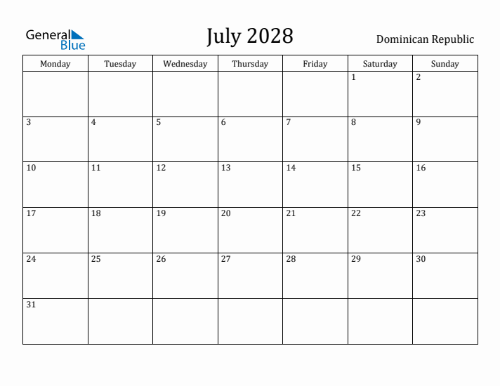 July 2028 Calendar Dominican Republic