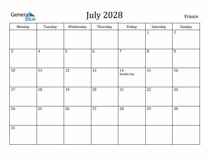 July 2028 Calendar France