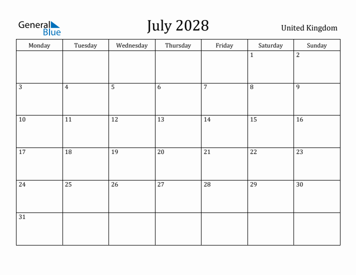 July 2028 Calendar United Kingdom