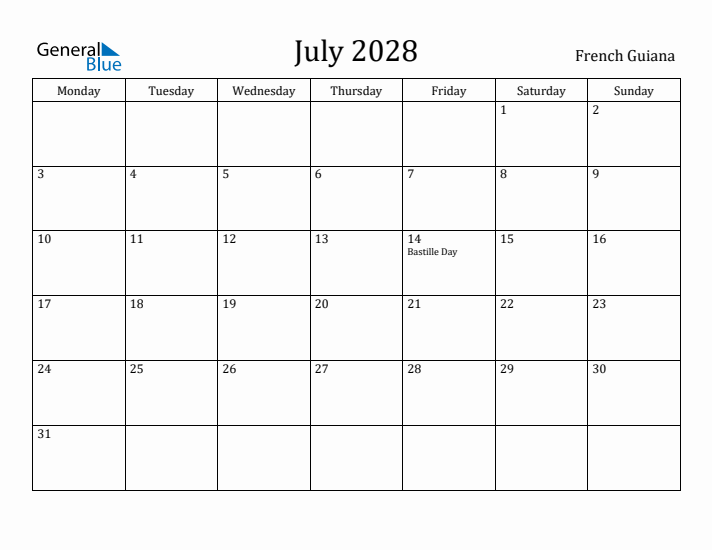 July 2028 Calendar French Guiana