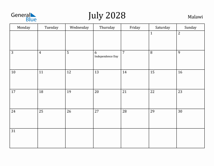 July 2028 Calendar Malawi