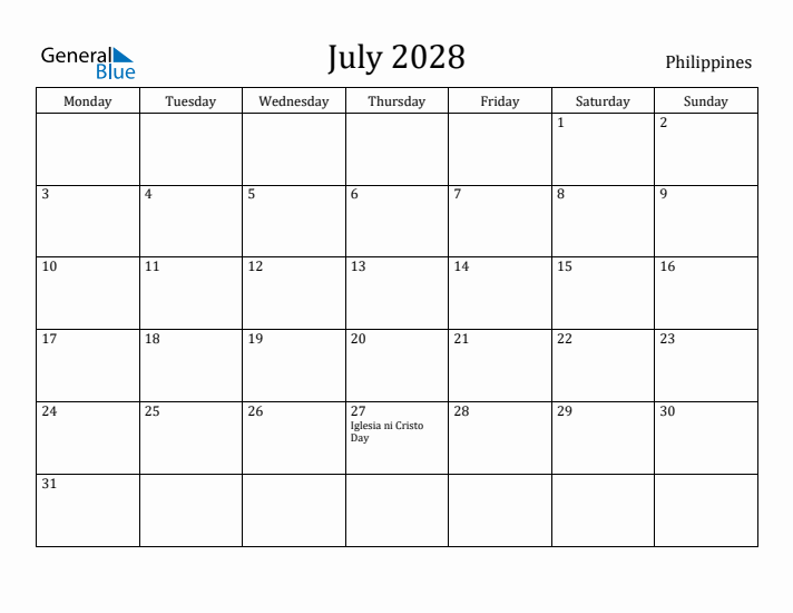 July 2028 Calendar Philippines