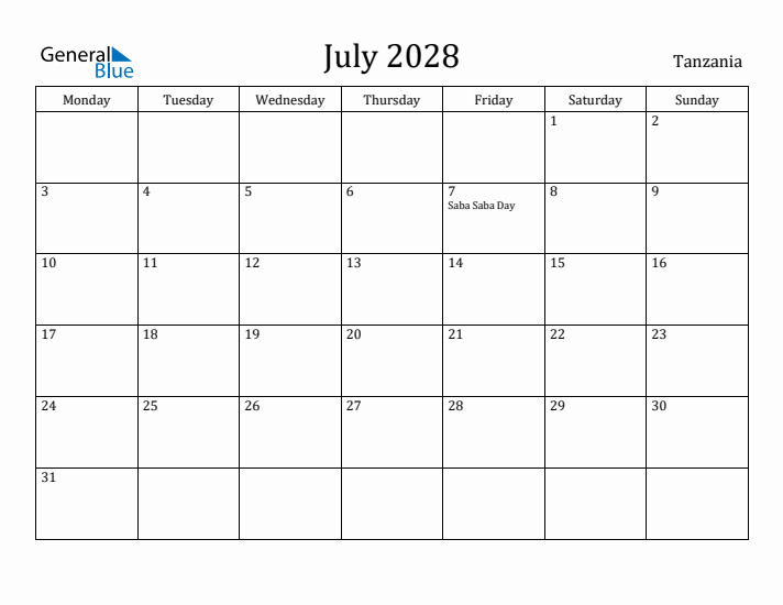 July 2028 Calendar Tanzania