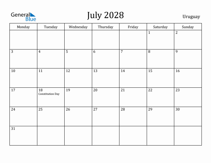 July 2028 Calendar Uruguay