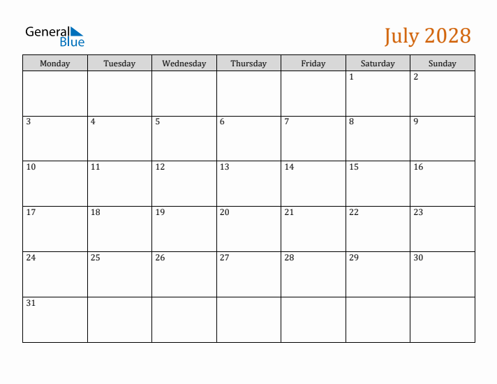 Editable July 2028 Calendar