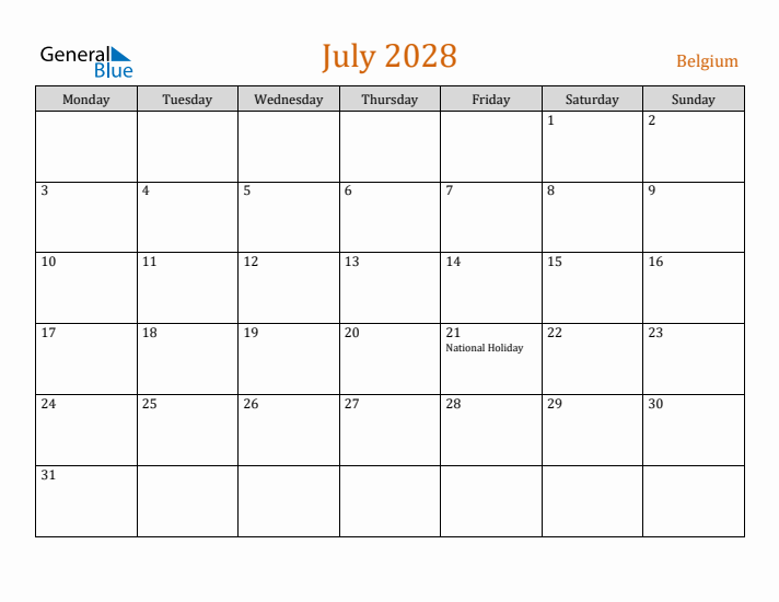 July 2028 Holiday Calendar with Monday Start