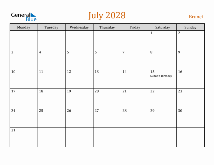 July 2028 Holiday Calendar with Monday Start