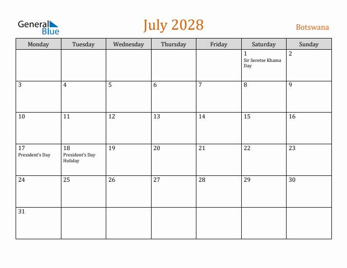 July 2028 Holiday Calendar with Monday Start