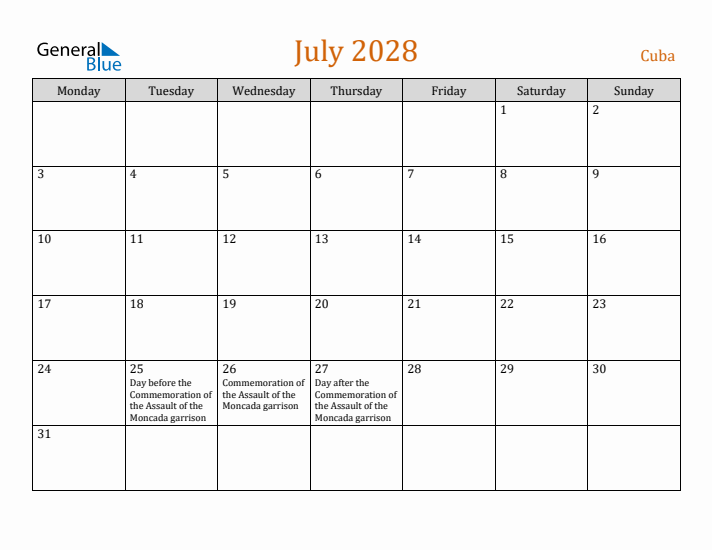 July 2028 Holiday Calendar with Monday Start