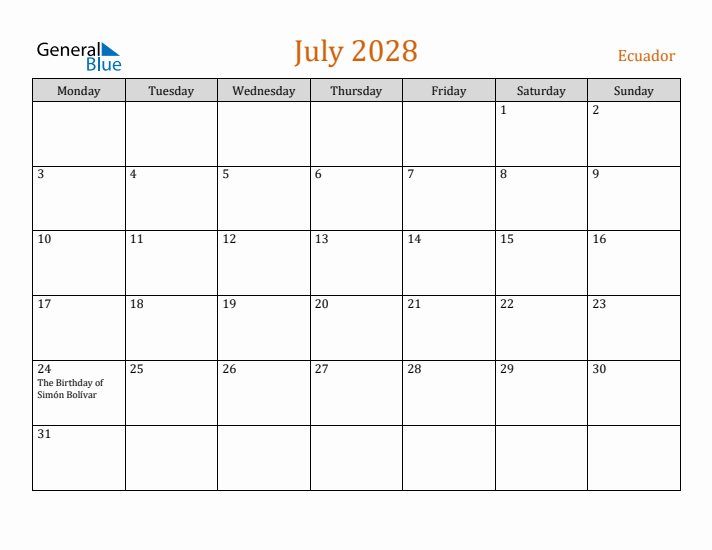 July 2028 Holiday Calendar with Monday Start